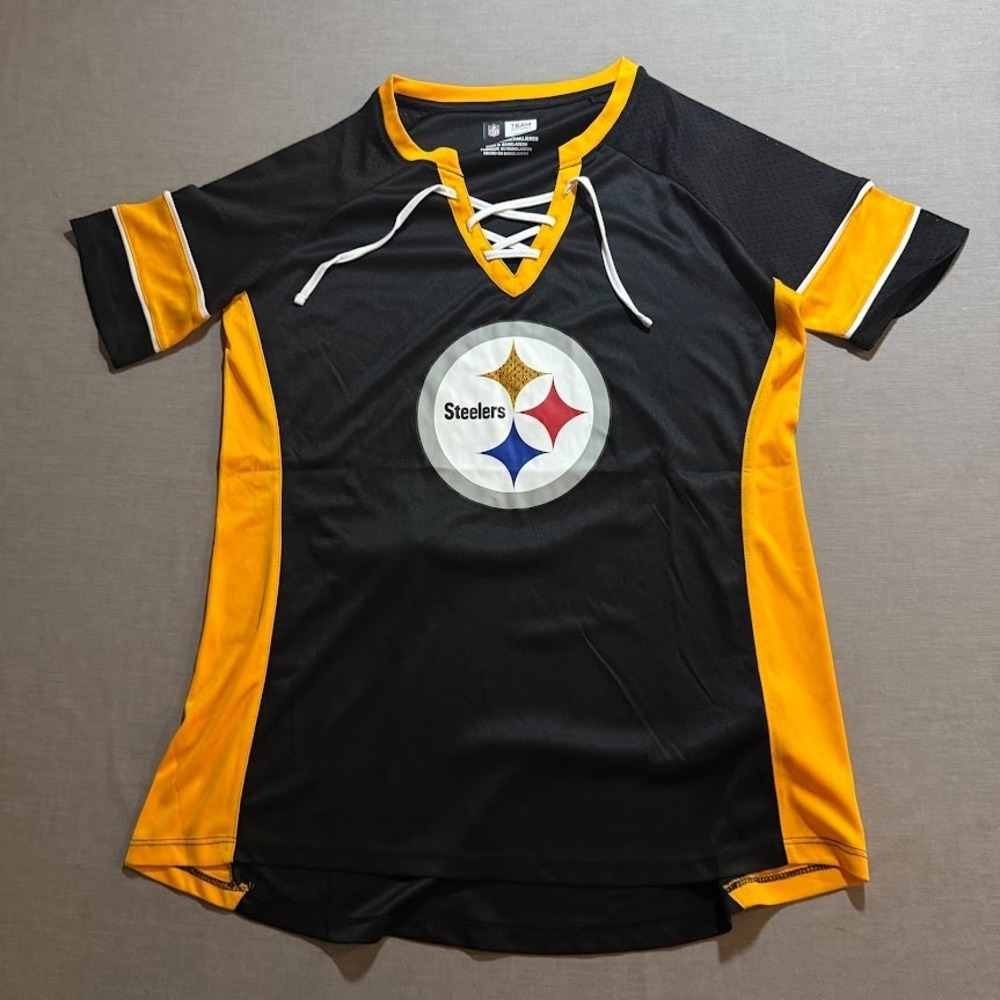 Pittsburg Steelers NFL Team Apparel Jersey Womens Medium Black Short Sleeve.